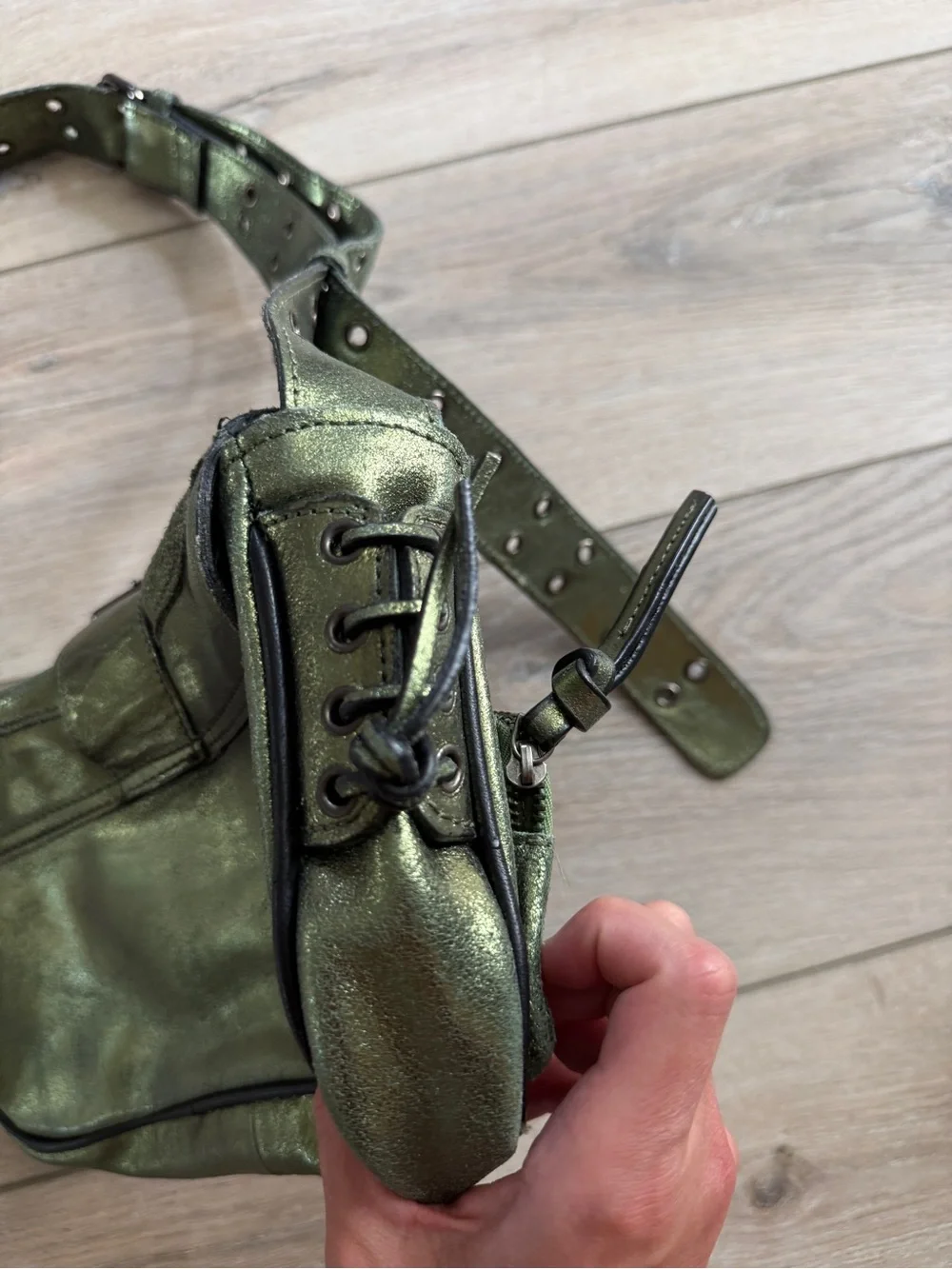 Free People Shimmery Olive Green Metallic Shoulder Bag - Picture 9 of 9